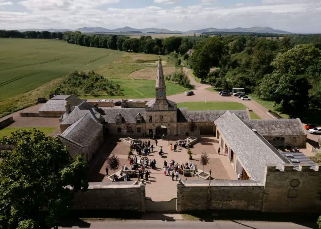 Aerial view of Rosebery Steading and the surrounding countryside